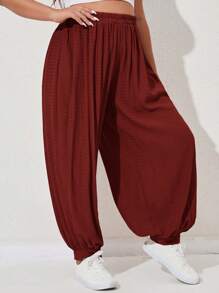 Mulvari Plus Solid Elastic Waist Carrot Trousers - Burgundy - View 1