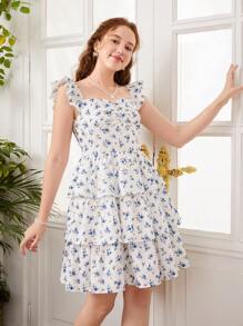 SHEIN Girlism Teen Girls Ditsy Floral Print Ruffle Trim Ruched Bust Two Layer Hem Dress Holiday Outfits - Multicolor - View 4