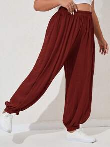 Mulvari Plus Solid Elastic Waist Carrot Trousers - Burgundy - View 3