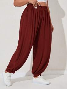 Mulvari Plus Solid Elastic Waist Carrot Trousers - Burgundy - View 4