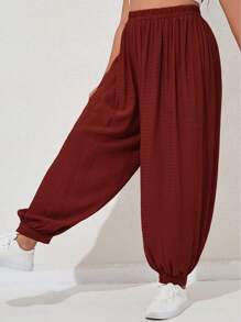 Mulvari Plus Solid Elastic Waist Carrot Trousers - Burgundy - View 5