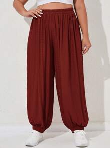 Mulvari Plus Solid Elastic Waist Carrot Trousers - Burgundy - View 6