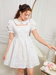 SHEIN Teen Girls Jacquard Puff Sleeve Dress - White - View 1