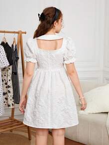 SHEIN Teen Girls Jacquard Puff Sleeve Dress - White - View 2