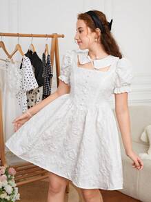 SHEIN Teen Girls Jacquard Puff Sleeve Dress - White - View 4