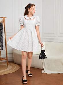 SHEIN Teen Girls Jacquard Puff Sleeve Dress - White - View 6