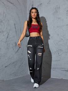 Quần jean nữ Túi Bị tách Dây kéo màu trơn - màu đen - Xem 1