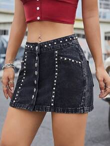 Váy denim nữ Túi Nút phía trước Đúc màu trơn - màu đen - Xem 3