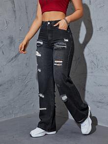 Quần jean nữ Túi Bị tách Dây kéo màu trơn - màu đen - Xem 4