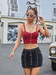 Váy denim nữ Túi Nút phía trước Đúc màu trơn - màu đen - Xem 5