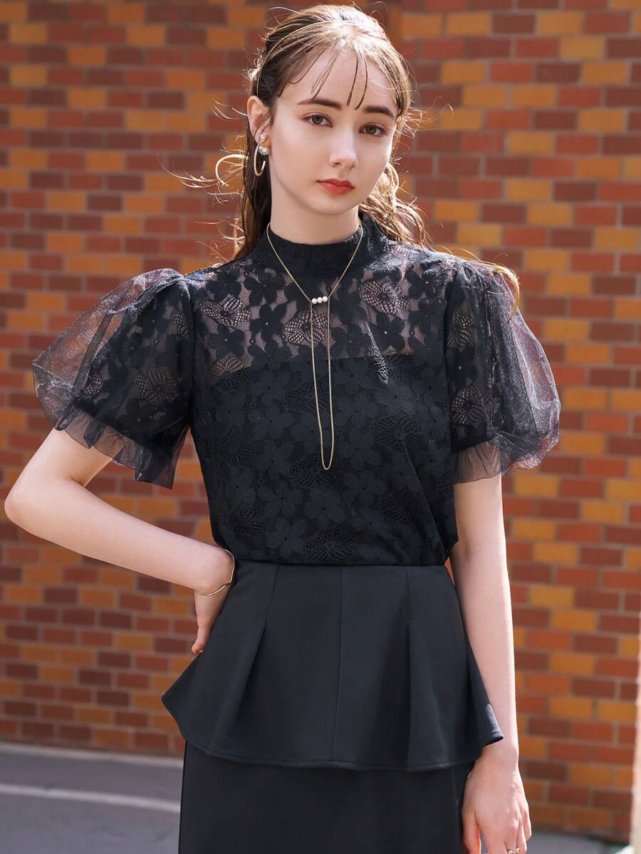 DAZY Mock Neck Puff Sleeve Sheer Lace Blouse - Black - View 1