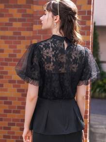 DAZY Mock Neck Puff Sleeve Sheer Lace Blouse - Black - View 2