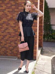 DAZY Mock Neck Puff Sleeve Sheer Lace Blouse - Black - View 4