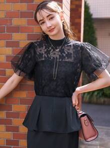 DAZY Mock Neck Puff Sleeve Sheer Lace Blouse - Black - View 5