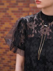 DAZY Mock Neck Puff Sleeve Sheer Lace Blouse - Black - View 6