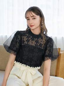 DAZY Mock Neck Puff Sleeve Sheer Lace Blouse - Black - View 7