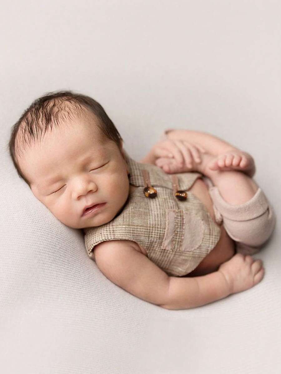 Đạo cụ chụp ảnh cho trẻ sơ sinh Nút Sọc ca rô - Màu Khaki - Xem 1