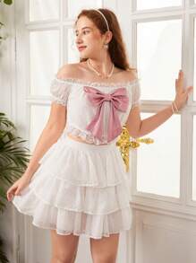 SHEIN 青少年女孩一字肩前蝴蝶結蕾絲邊上衣和層疊下擺半身裙