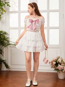 SHEIN 青少年女孩一字肩前蝴蝶結蕾絲邊上衣和層疊下擺半身裙