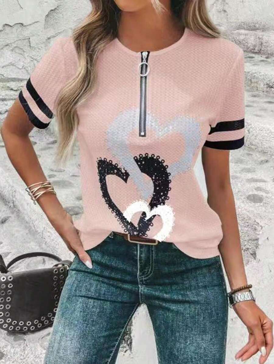 SHEIN LUNE Striped & Heart Print Half Zip Tee - Pink - View 1