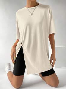 SHEIN EZwear Áo thun nữ Chia màu trơn Giải trí - Màu be - Xem 1