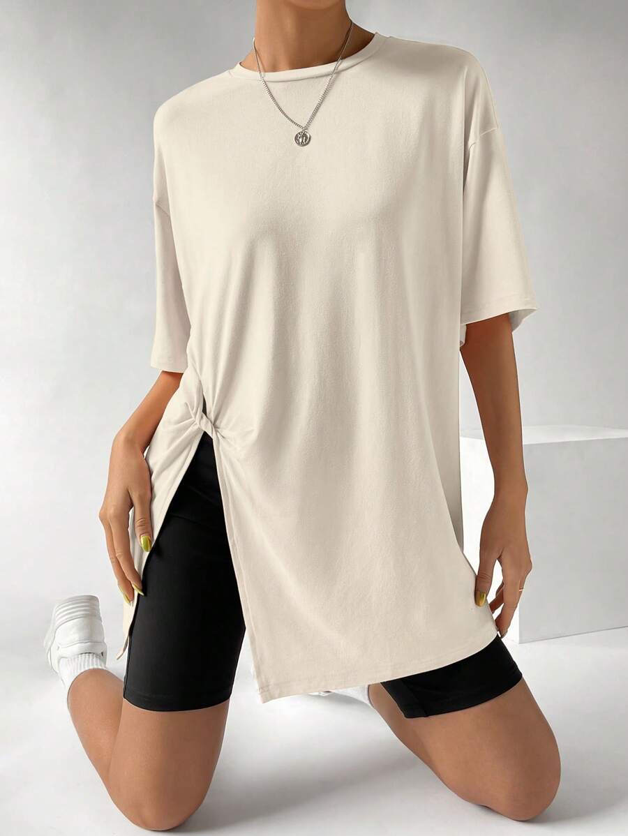 SHEIN EZwear Áo thun nữ Chia màu trơn Giải trí - Màu be - Xem 1