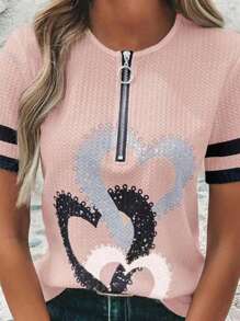 SHEIN LUNE Striped & Heart Print Half Zip Tee - Pink - View 6