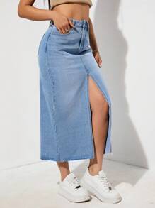 SHEIN EZwear 高衩牛仔半身裙