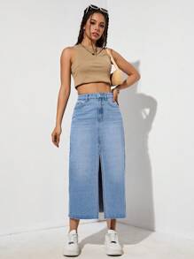 SHEIN EZwear 高衩牛仔半身裙