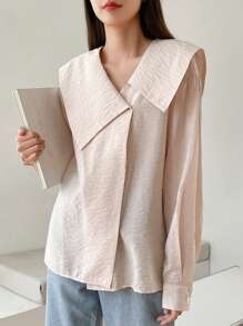 DAZY Áo sơ mi nữ Nút màu trơn Giải trí - Màu be - Xem 4