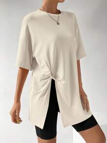 SHEIN EZwear Áo thun nữ Chia màu trơn Giải trí - Màu be - Xem 3