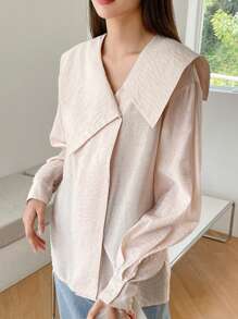 DAZY Áo sơ mi nữ Nút màu trơn Giải trí - Màu be - Xem 5