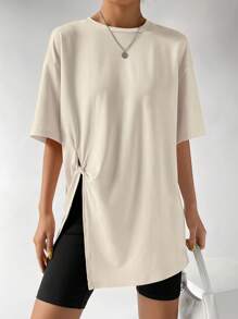 SHEIN EZwear Áo thun nữ Chia màu trơn Giải trí - Màu be - Xem 4