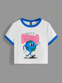 CROC 卡通圖案滾邊T恤 - 白色 - 查看 1