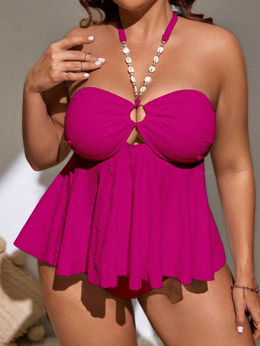 SHEIN Swim Curve Tankini de verano con halter y eslabones de anillo, talla grande, para playa - Rosa Fucsia - Ver 1