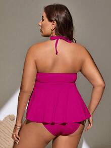 SHEIN Swim Curve Tankini de verano con halter y eslabones de anillo, talla grande, para playa - Rosa Fucsia - Ver 2