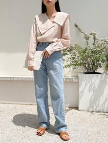 DAZY Áo sơ mi nữ Nút màu trơn Giải trí - Màu be - Xem 7