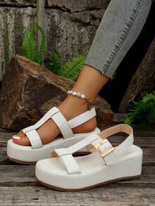 Elegant White Sandals For Women, Buckle Decor Flatform Slingback Sandals - White - View 2