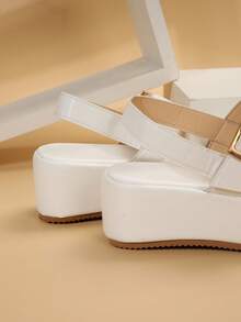 Elegant White Sandals For Women, Buckle Decor Flatform Slingback Sandals - White - View 3