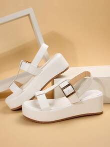 Elegant White Sandals For Women, Buckle Decor Flatform Slingback Sandals - White - View 4