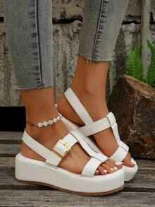 Elegant White Sandals For Women, Buckle Decor Flatform Slingback Sandals - White - View 6