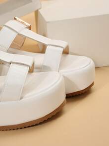 Elegant White Sandals For Women, Buckle Decor Flatform Slingback Sandals - White - View 7