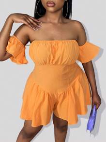 Slaydiva Plus Off Shoulder Ruched Bust Ruffle Hem Romper - Orange - View 3