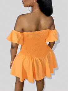 Slaydiva Plus Off Shoulder Ruched Bust Ruffle Hem Romper - Orange - View 2