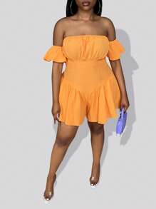 Slaydiva Plus Off Shoulder Ruched Bust Ruffle Hem Romper - Orange - View 4