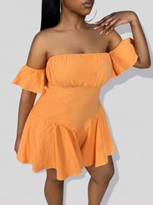 Slaydiva Plus Off Shoulder Ruched Bust Ruffle Hem Romper - Orange - View 5
