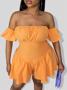 Slaydiva Plus Off Shoulder Ruched Bust Ruffle Hem Romper - Orange - View 6