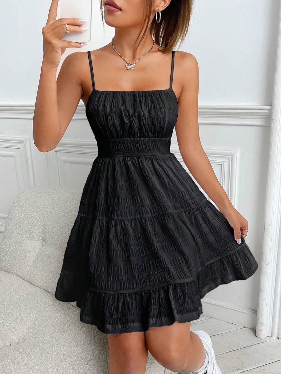 SHEIN EZwear Đầm Viên lá sen Dây kéo Nếp gấp Phần Ngực màu trơn Giải trí - màu đen - Xem 1