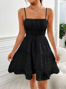 SHEIN EZwear Đầm Viên lá sen Dây kéo Nếp gấp Phần Ngực màu trơn Giải trí - màu đen - Xem 3