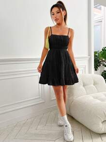 SHEIN EZwear Đầm Viên lá sen Dây kéo Nếp gấp Phần Ngực màu trơn Giải trí - màu đen - Xem 5